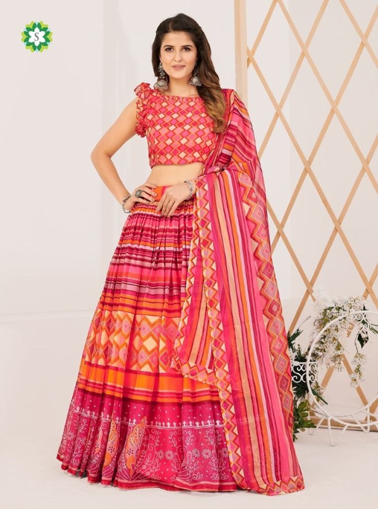  Designer Pink Multi  floral print lehenga blouse with dupatta collection 