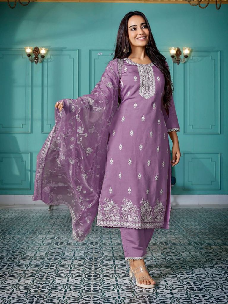 Dhruvi 488 Embroidered Kurti With Pant Dupatta