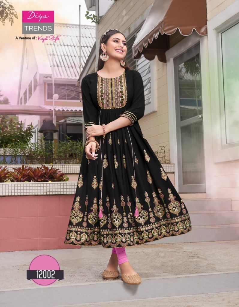 Diya Trends  Ethnicity vol 12 Rayon Gold printed Designer long Gown  Kurtis catalog 