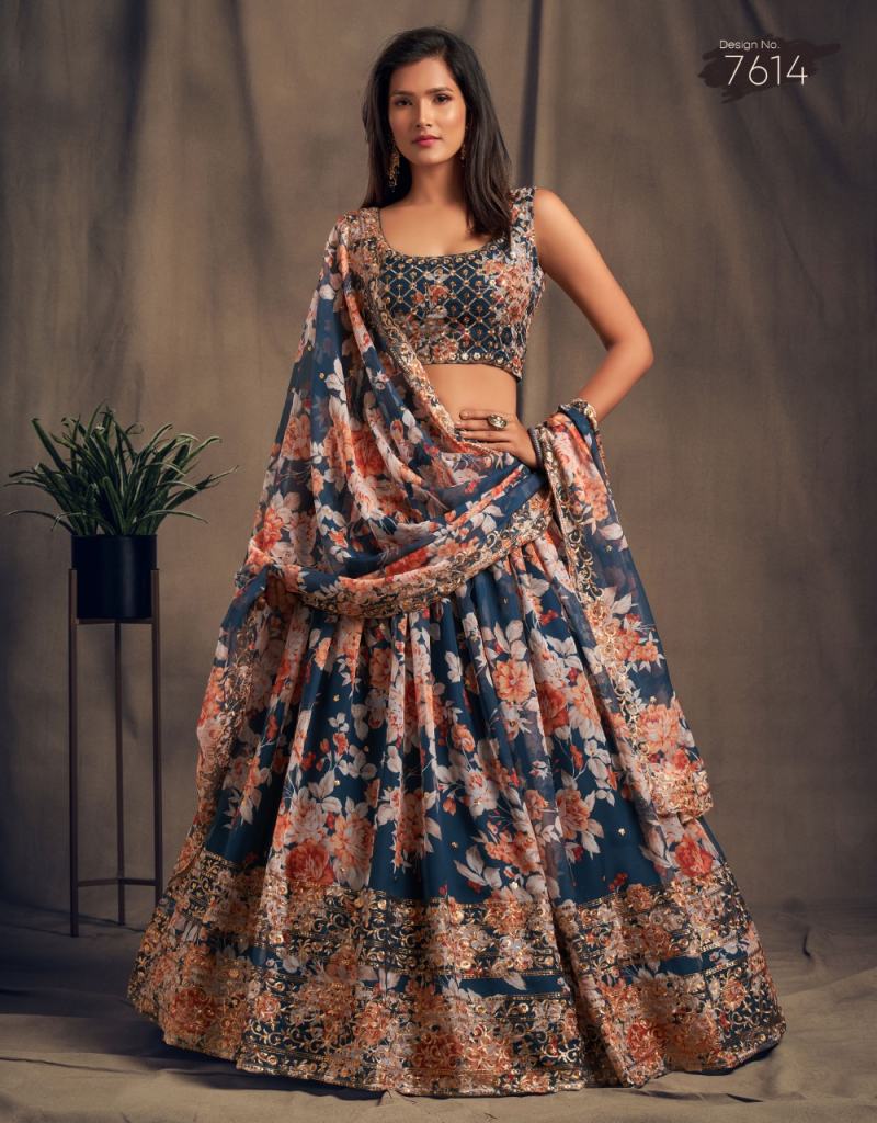 Dove Blue  Organza  Sequins Zari Embroidery Work Lehenga Choli 