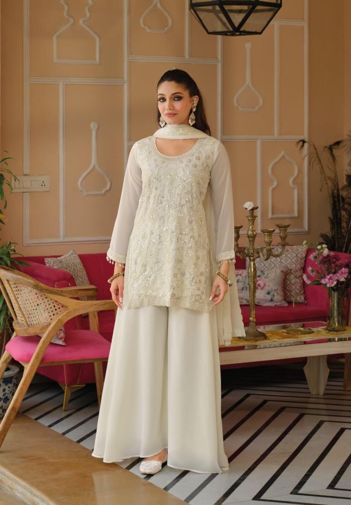 Eba Rosy Black And White Beats Work Top Bottom And Dupatta