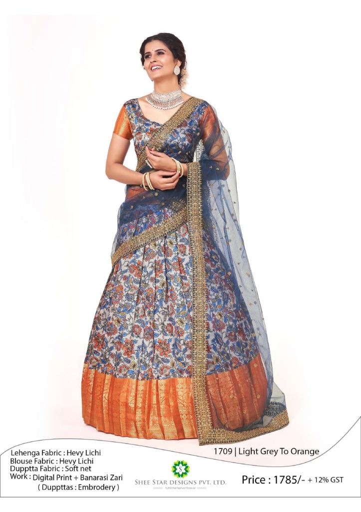 Experience the Beauty of Tradition Light Grey to Orange Half Saree Lehenga Collection