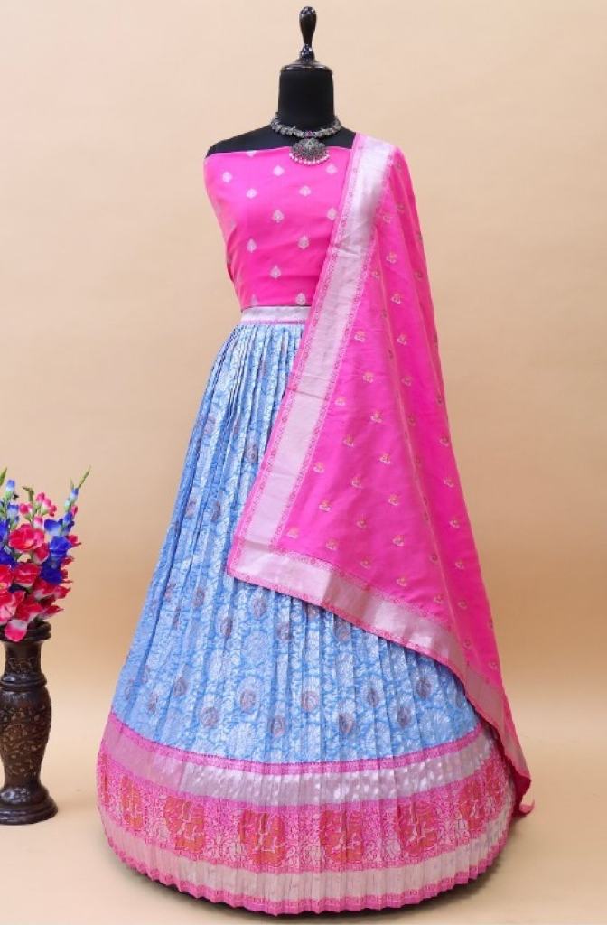Firozi With Pink Contrast   Half saree Lehenga Choli Collection 