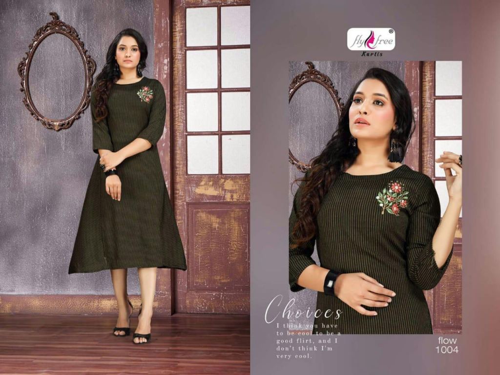 Fly Free presents Flow Kurtis Collection,this catalog rayon with different  typical pattern with color combination and designs are different.