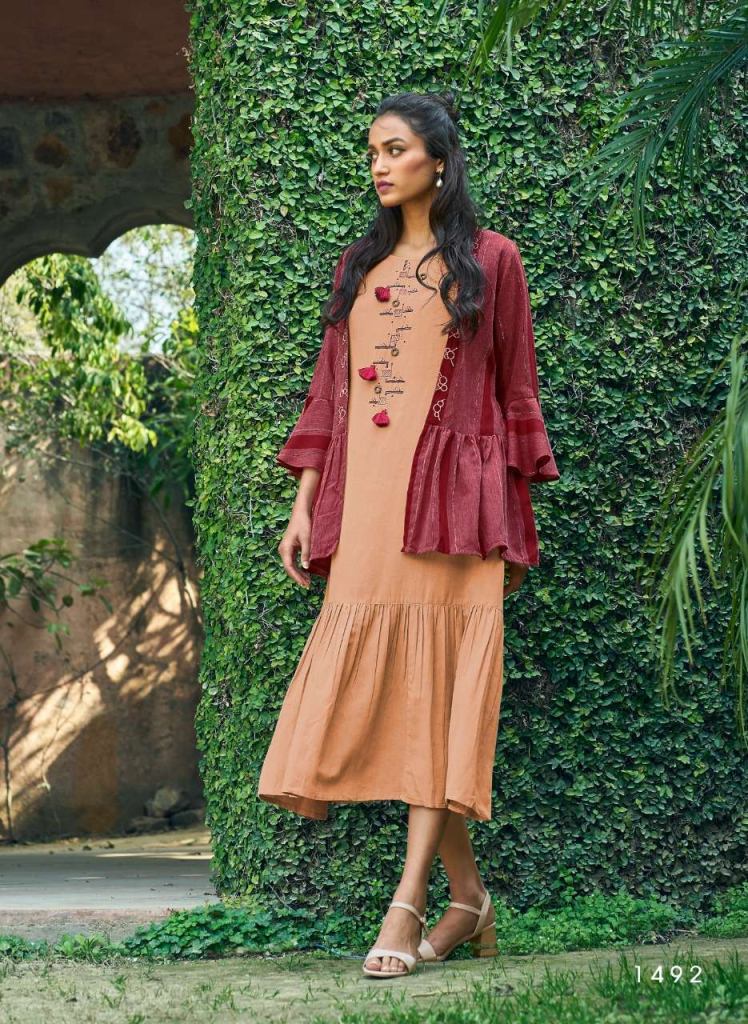 Four Buttons Bloom Cotton With Embroidery Work Kurti With Jacket Catalog 