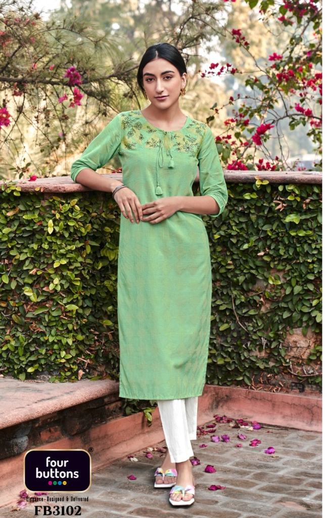 Four Buttons Raina Daily Wear Cotton Kurti With Bottom Collection