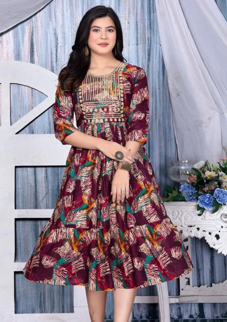 Ft Flower Fashion Rayon Foil Printed Embroidered Kurti