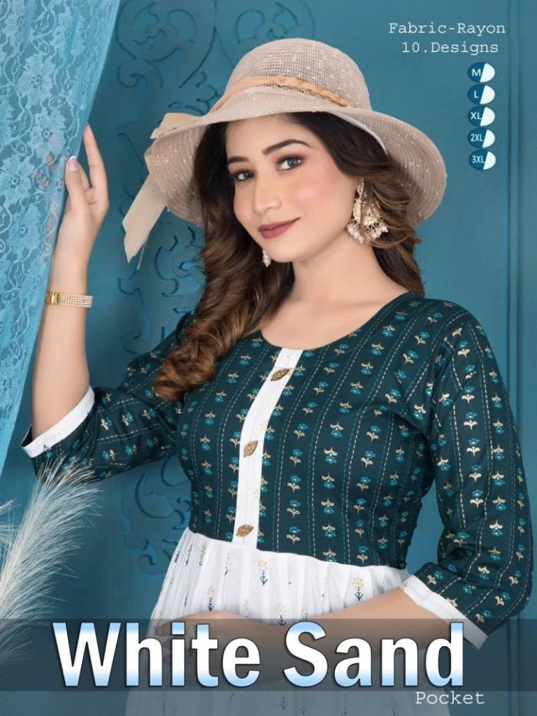 Ft White Sand Beautiful Rayon Printed Casual Ware Flaired Kurti 