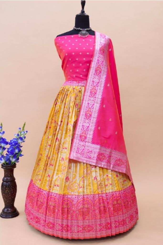 Gold with pink Traditional Half saree Lehenga Choli Collection 