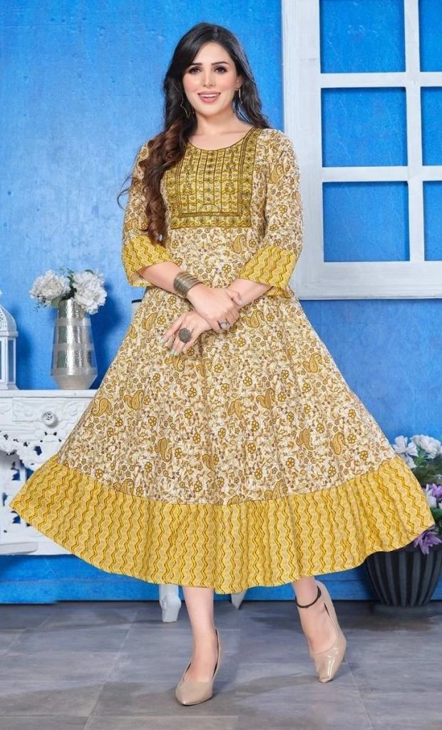 Golden Rayon Capsule Printed Layer With Embroidery Flair Kurti Collection 