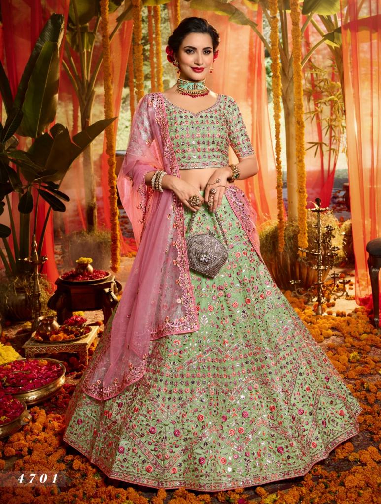 Green  zari work semi stitched lehenga choli