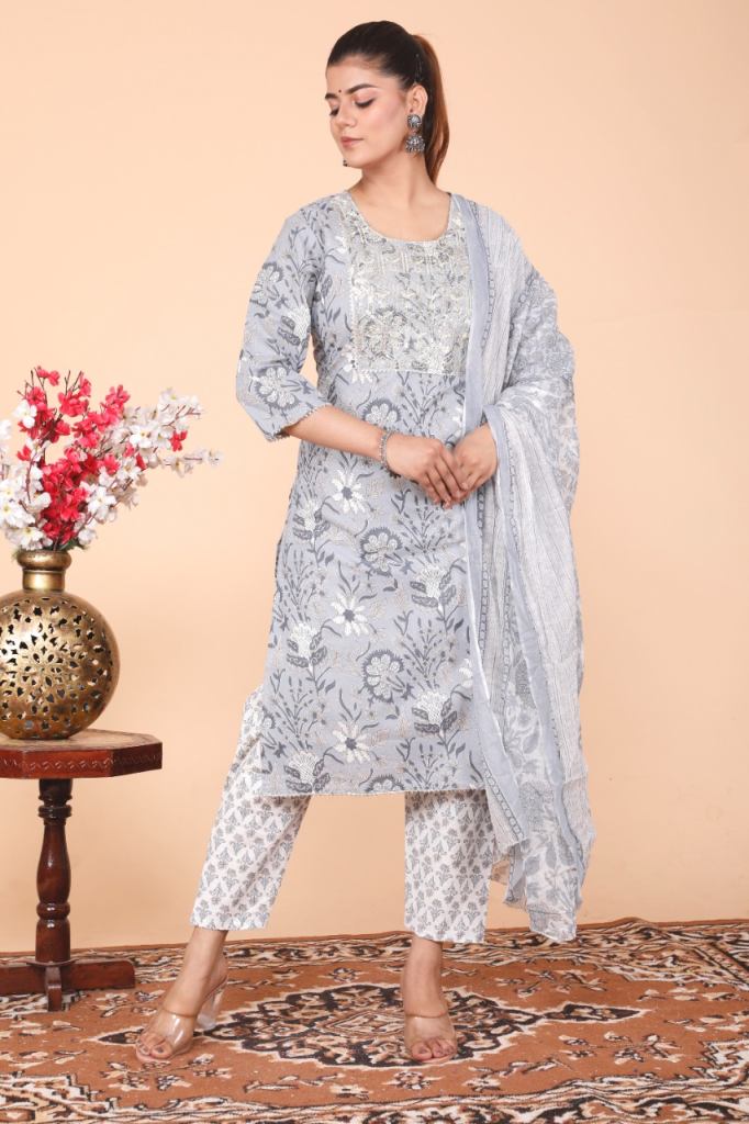 Grey cotton printed embroidery Kurtis Bottom with Dupatta set 