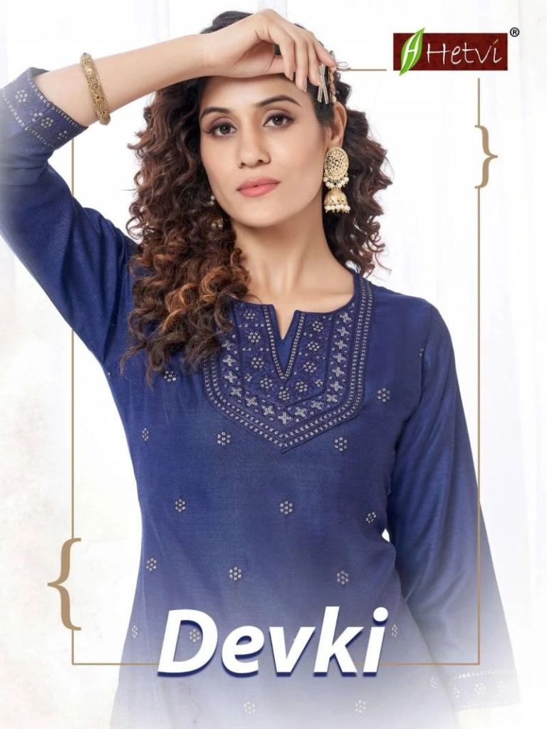 Hetvi Devki Rayon Neck Embroidery Casual Wear Kurti Collection 