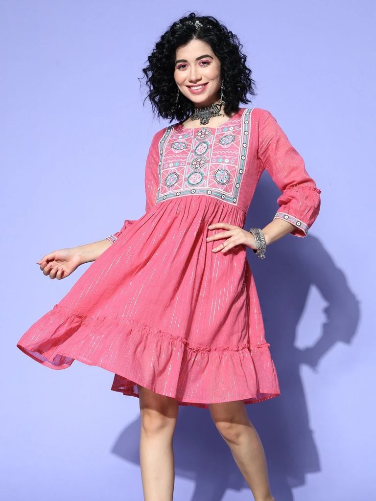 Indo Era 2422 Cotton Embroidered Ethnic A Line Dress