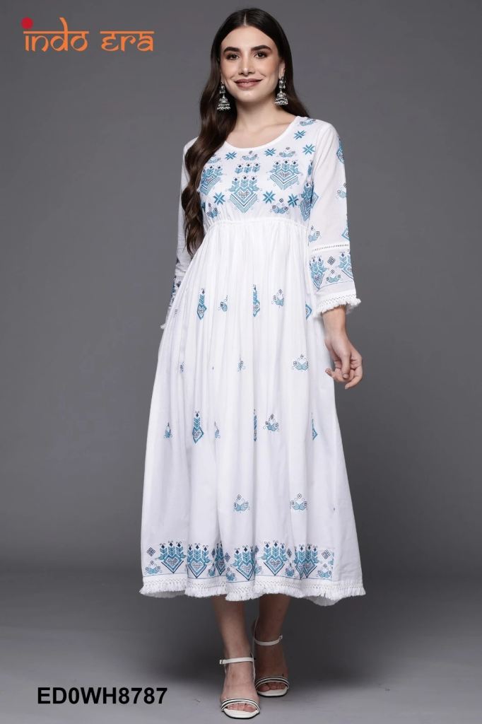 Indo Era 2424 White Ethnic Embroidered A Line Midi Dress