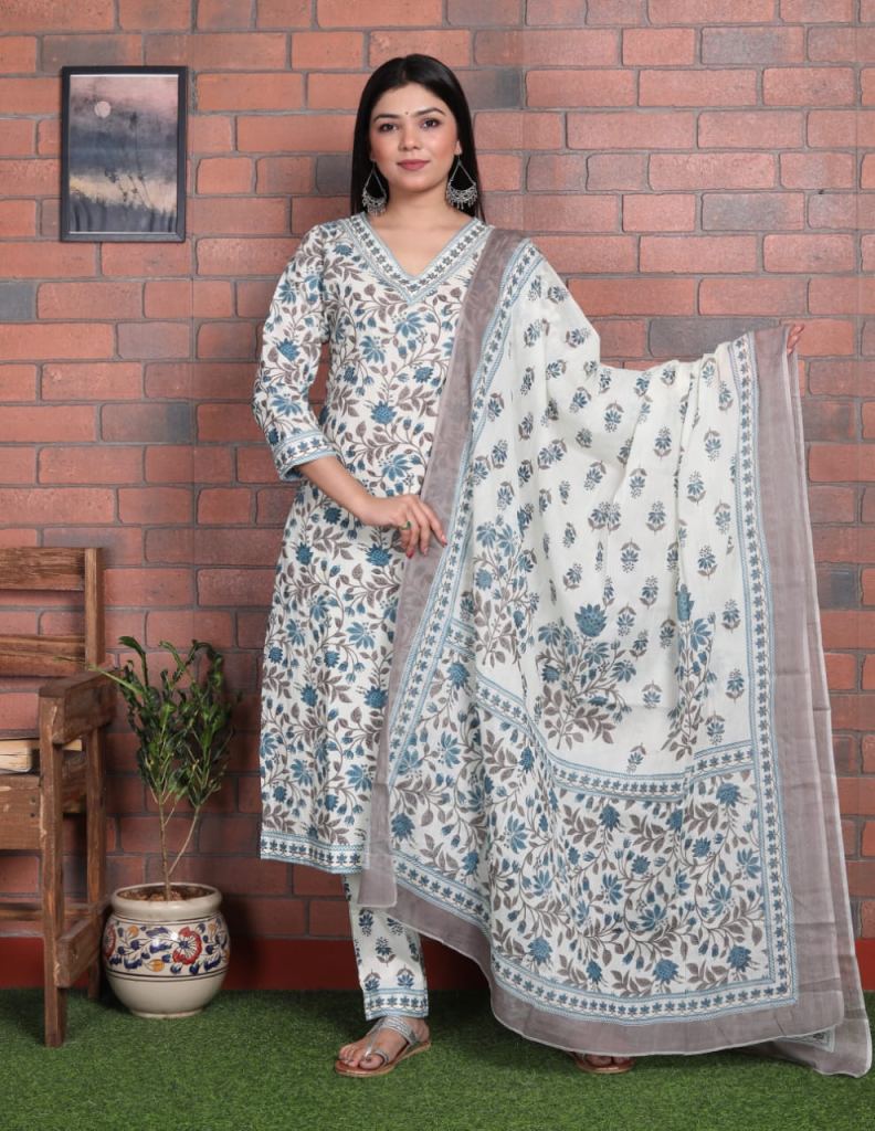 White Color Jaipuri Print Kurtis Wholesale