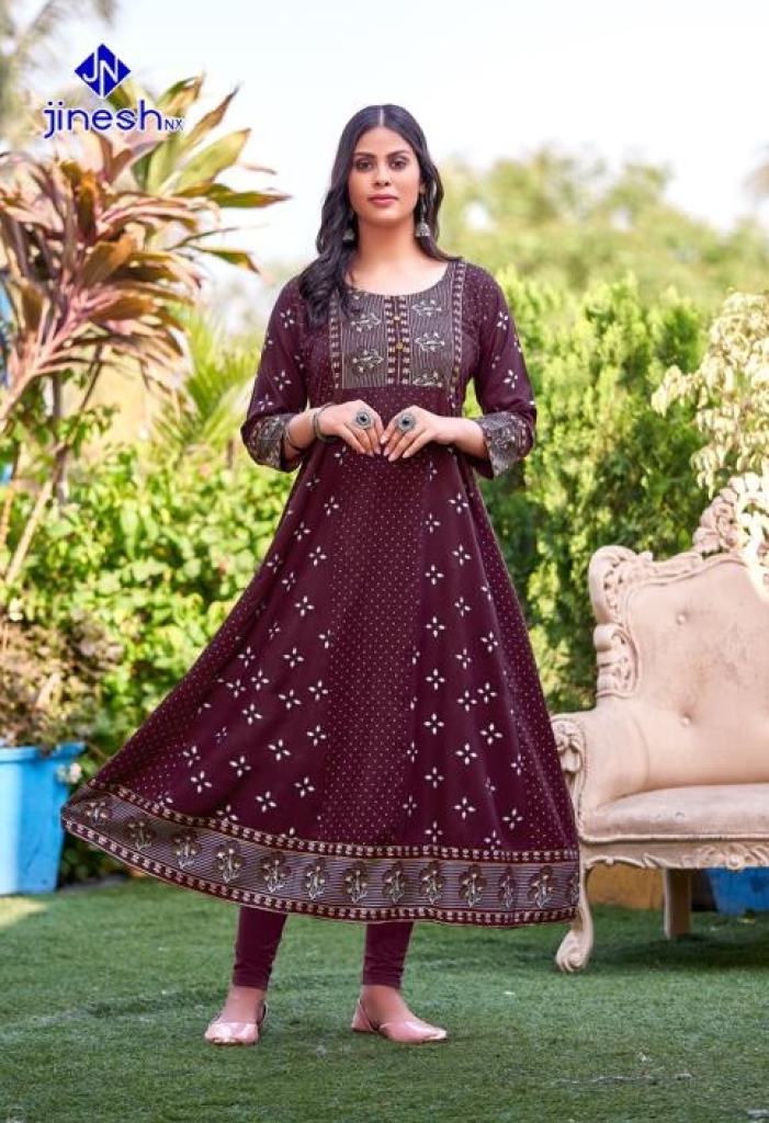  Jinesh Nx Cocktail vol  1 Foil printer  Long Rayon Anarkali Kurtis