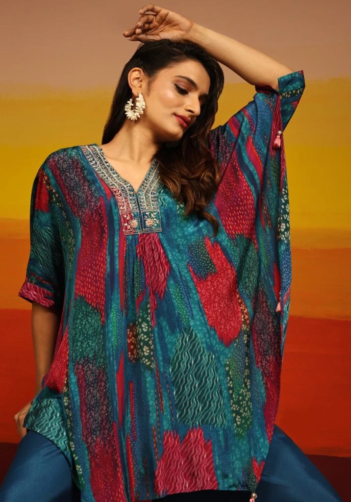 Unique hand block printed Long Shirts on silk crepe - Harshita Ponchos -  Harshita Designs