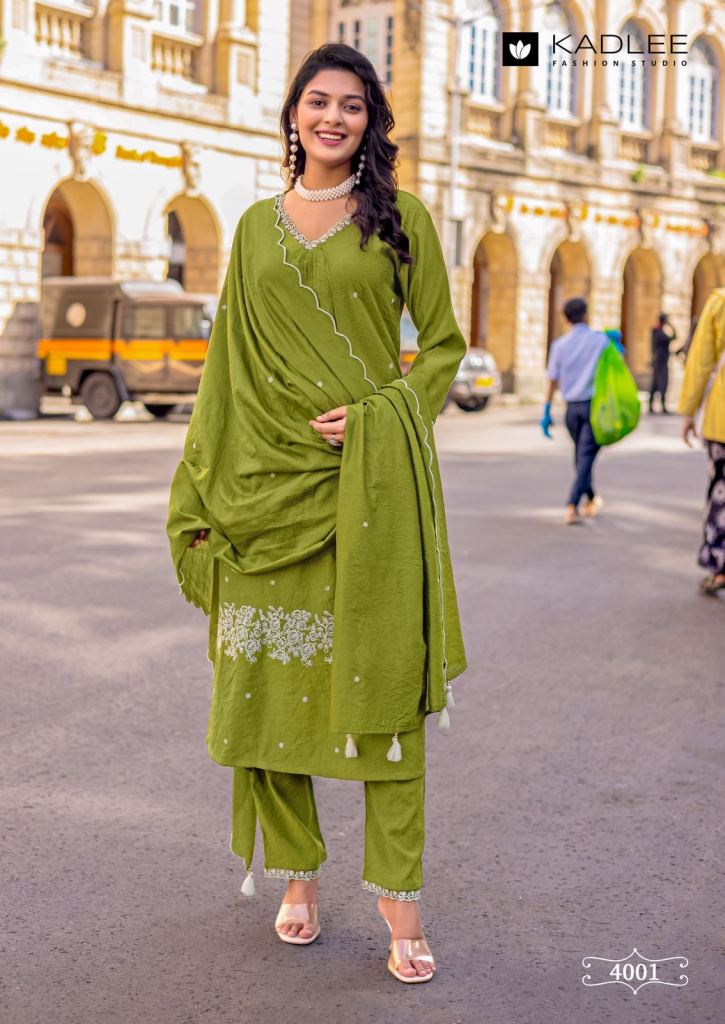 Kadlee Kesariya Thread Work Kurti Pant And Dupatta