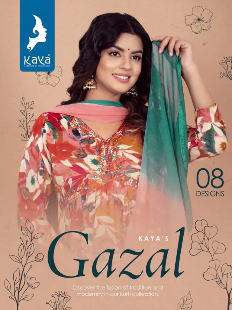 Kaya Gazal Rayon Foil Printed Naira Cut Kurti Sets