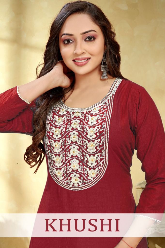 Khushi  Rayon Fabric With Embroidery Moti Work Kurtis