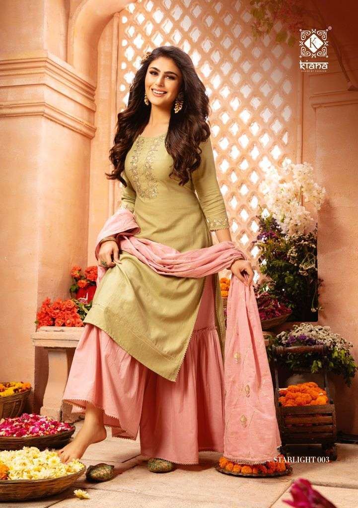 Kiana  Starlight Heavy Rayon With Lace Pati Work Kurtis With Bottom And Dupatta Catalog 