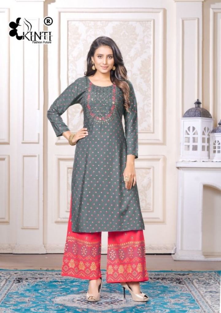 Kinti Hill Top  Rayon Slub Fancy Embroidery Designer  Kurti with Bottom 