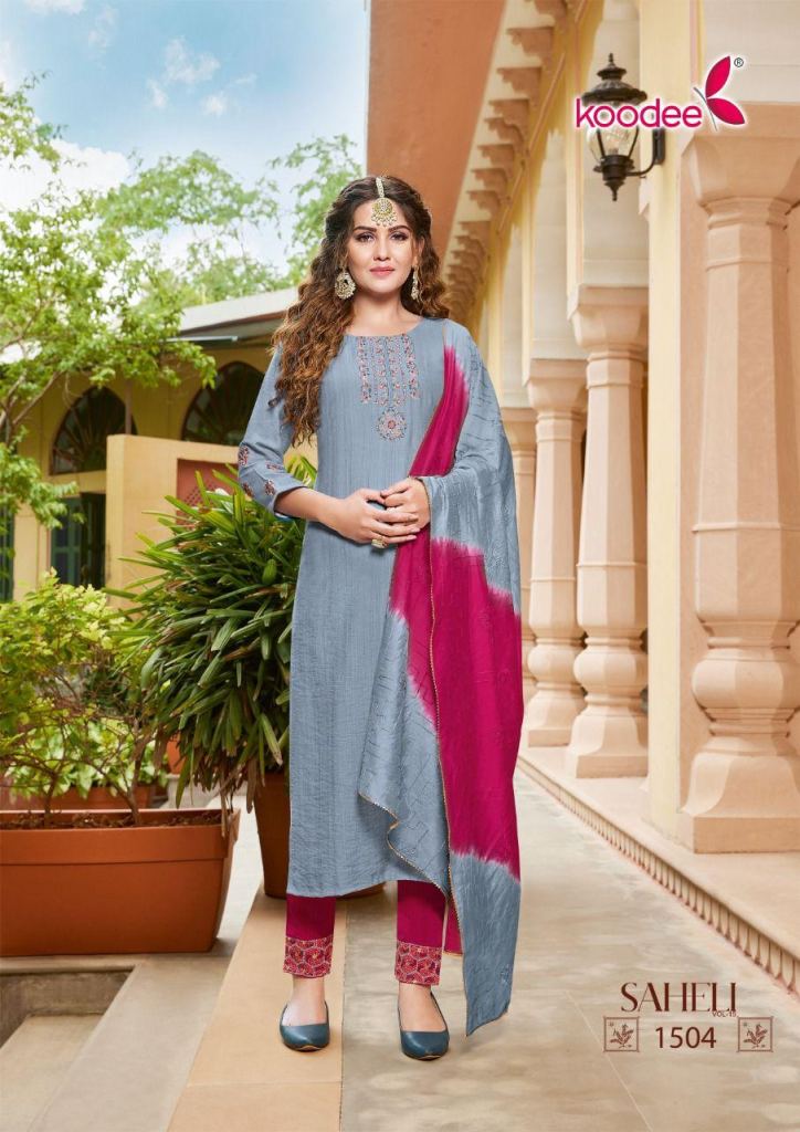 Koodee Saheli vol  15 Chinon Embroidery  Ready Made Kurti Pant With Dupatta Collection