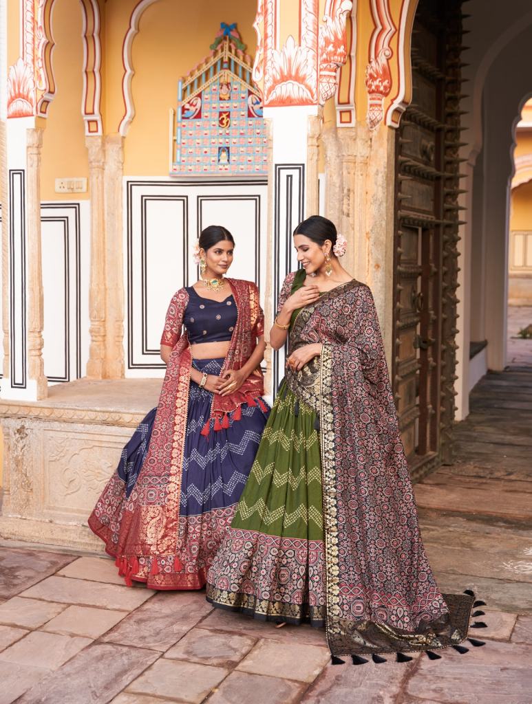 LNB Tussar Silk Beautiful With Ajarakh prints Traditional Lehenga Choli Collection