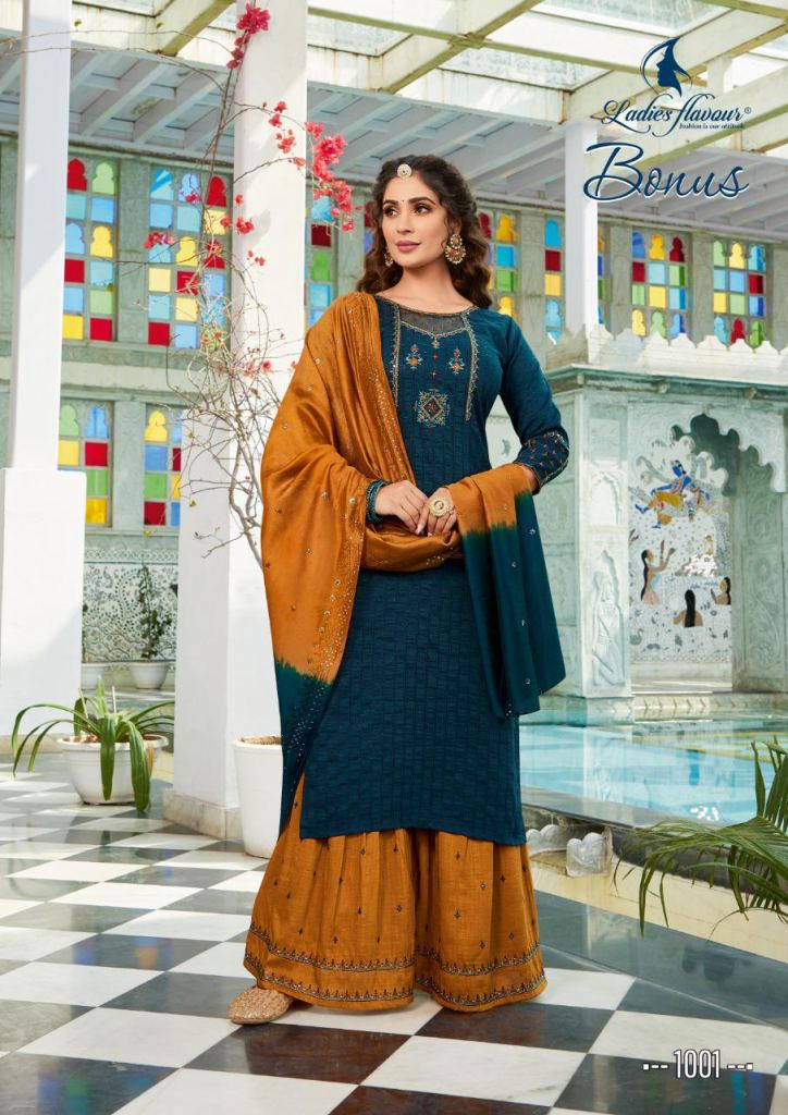 Ladies Flavour Bonus catalog  Festival Chinon Weaving Kurti Sharara with Dupatta