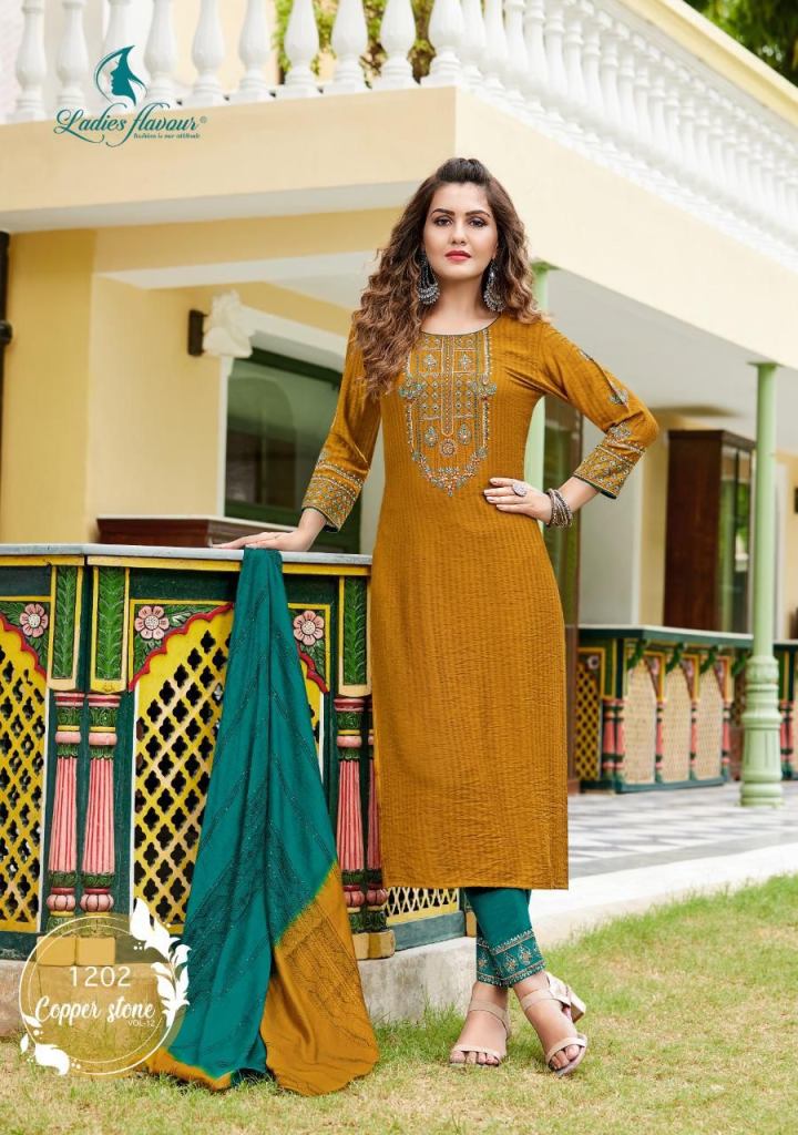 Ladies Flavour Copper Stone Vol 12  Viscose  Embroidery Kurtis  Bottom And Dupatta Collection