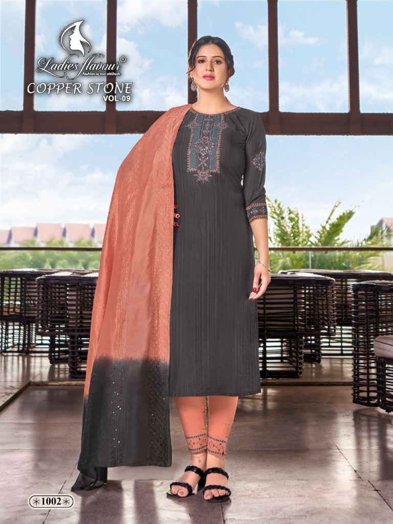 Ladies Flavour	Copper Stone vol 9 catalog Stylist Embroidery Readymade Top Bottom with Dupatta
