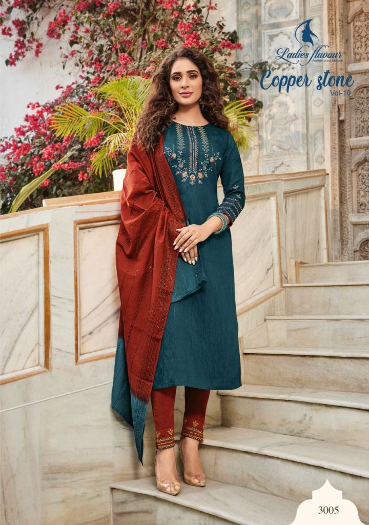 Ladies Flavour Copper Stone vol 10 catalog Designer Embroidery Readymade Top Bottom with  Dupatta 