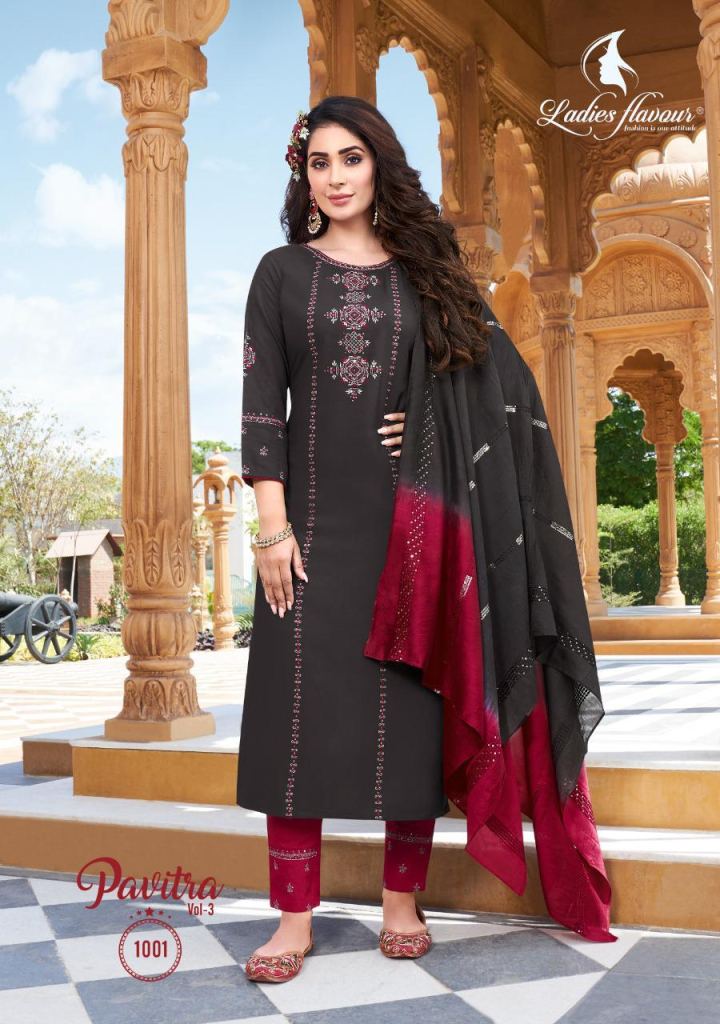 Ladies Flavour Pavitra  vol 3 Designer Rayon Readymade  Kurti Bottom and Dupatta 