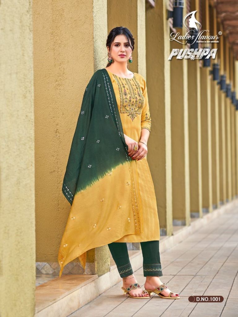 Ladies Flavour Pushpa Fancy Rayon Kurti Bottom and Dupatta Catalog