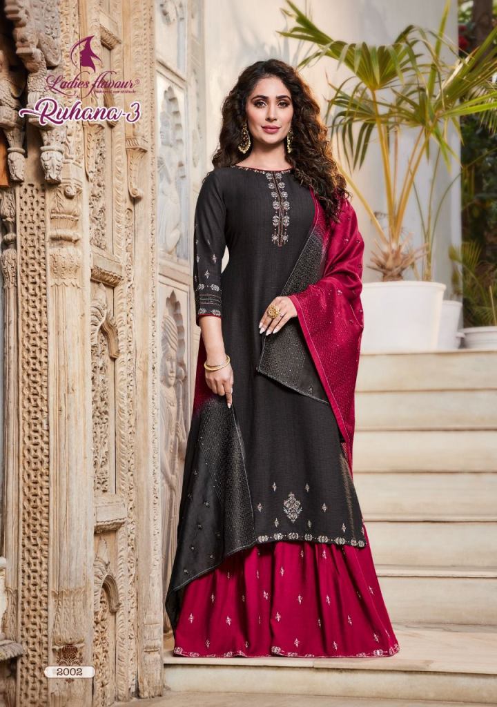 Ladies Flavour Ruhana Vol 3 Catalog Readymade Top Sharara With Dupatta