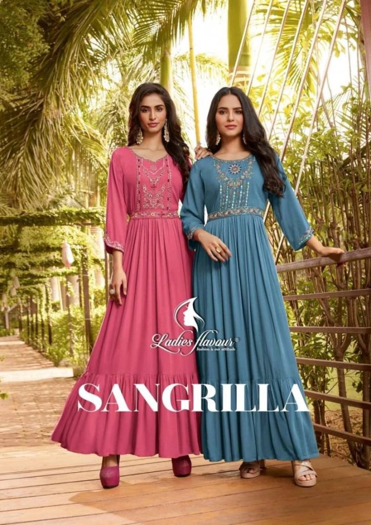 Ladies Flavour Sangrilla Rayon Rinkle Embroidered Kurti