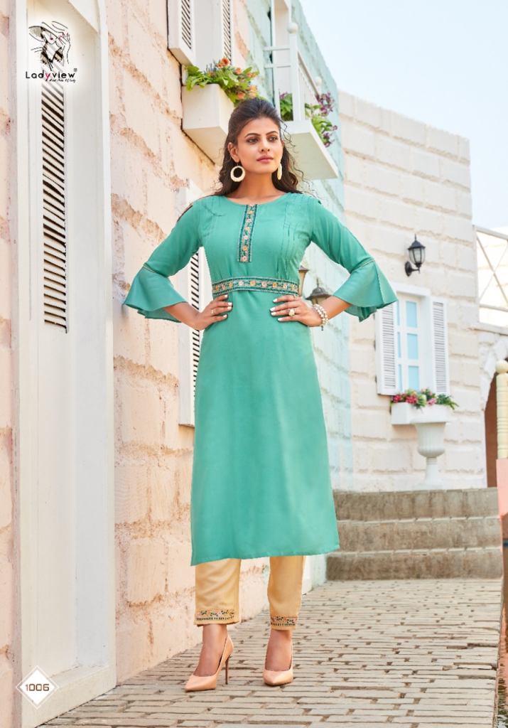 Ladyview Beltom Rayon Kurti With Attached Belt and Pant Catalog 