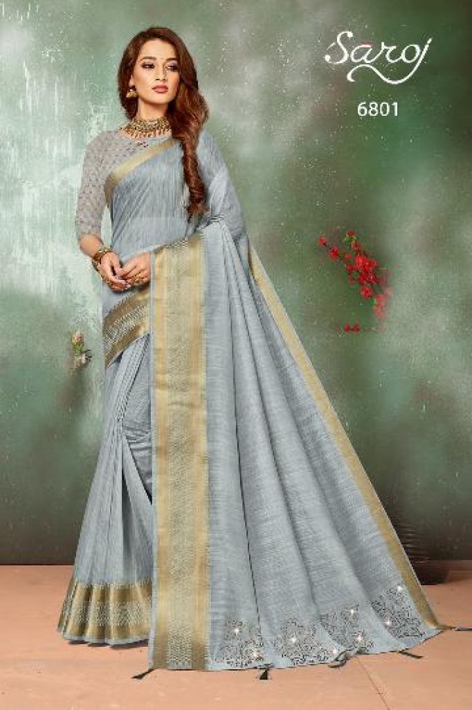 Light Gray Linen Cotton Silk Saree Regular Wear Silk Saree