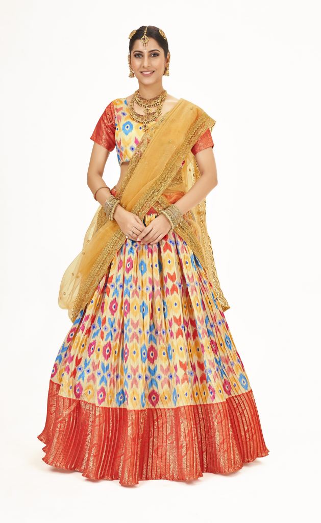 Light Yellow and Red colors Classic Combination A Half Sarees Lehenga Collection 