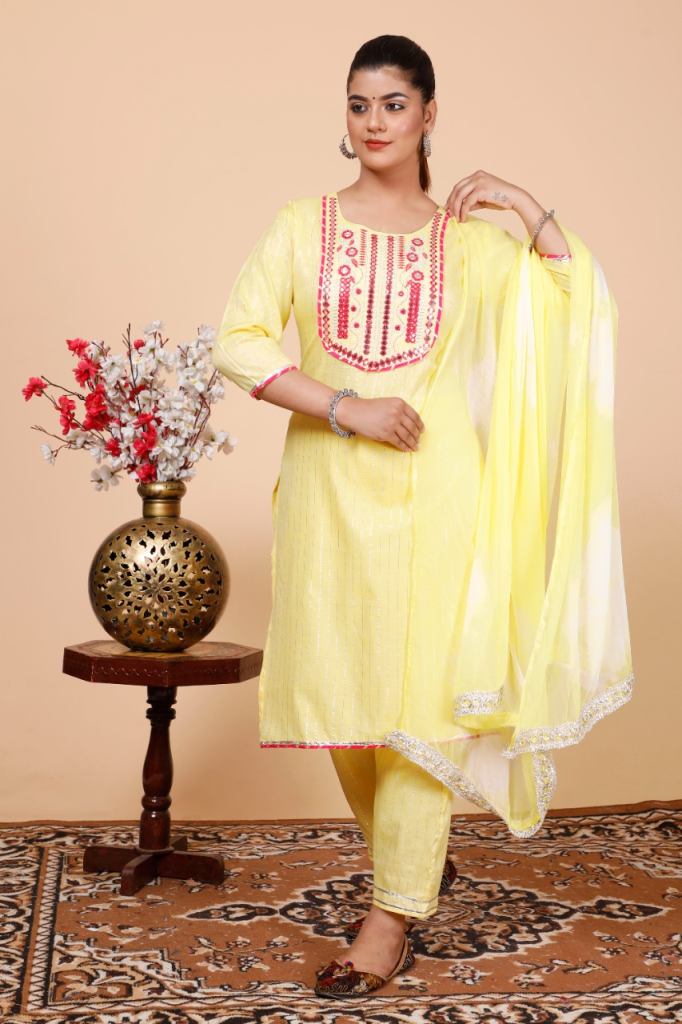 Light  yellow cotton fancy neck printed  Ready Made Kurtis set 