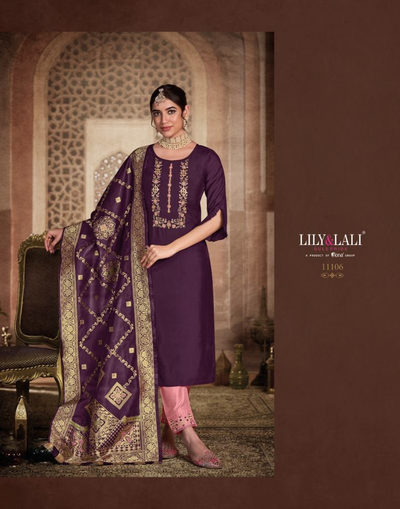 Lily And Lali Gulmeena Designer Silk Kurtis With Bottom Dupatta Collection