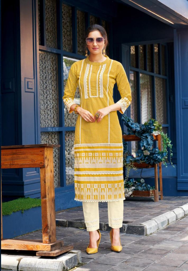 Sunshine Yellow Colour Cotton Kurti With Beautiful Aari Embroidery