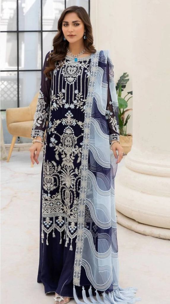 Mahnur M 102 Navy Blue Georgette Embroidery Dress Material 