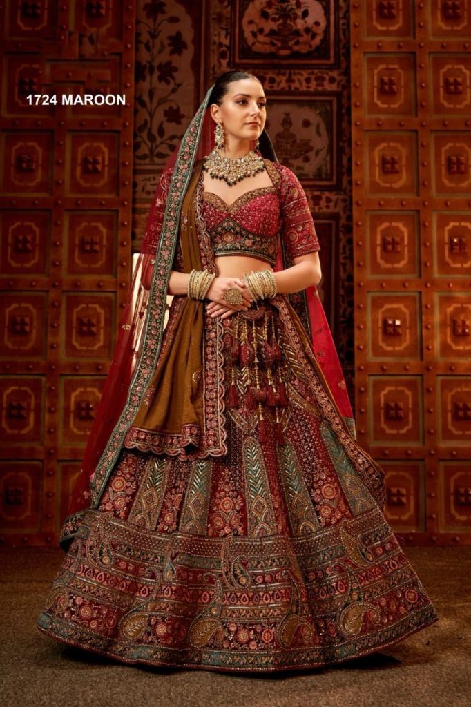 Maroon 1724 Velvet Beautiful Embroidery Bridal Lehenga Choli 