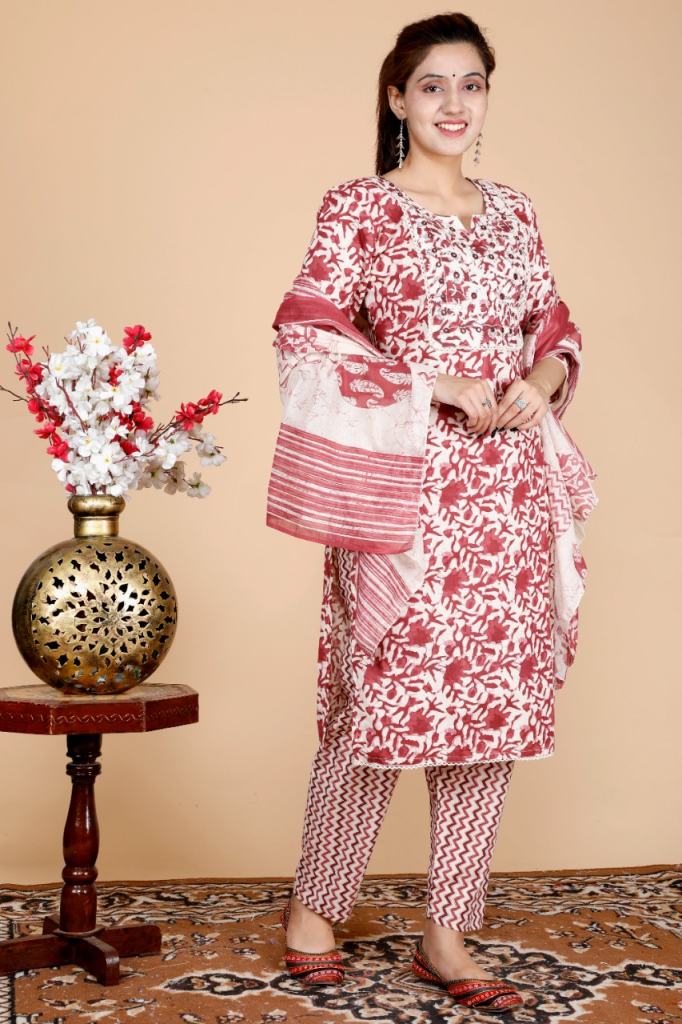 Maroon printed cotton Ready Made kurtis set 