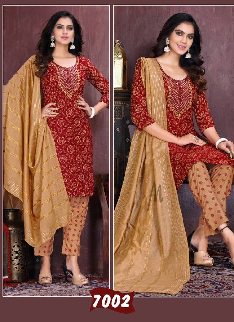 Master Bandhni  Rayon Bandhni Print Regular Wear Kurti Pant With Dupatta