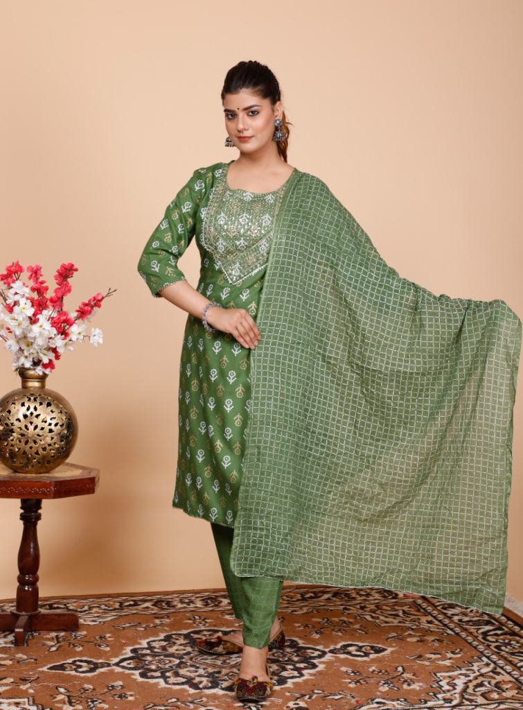 Mehendi Green cotton Embroidery  Straight Kurti set 
