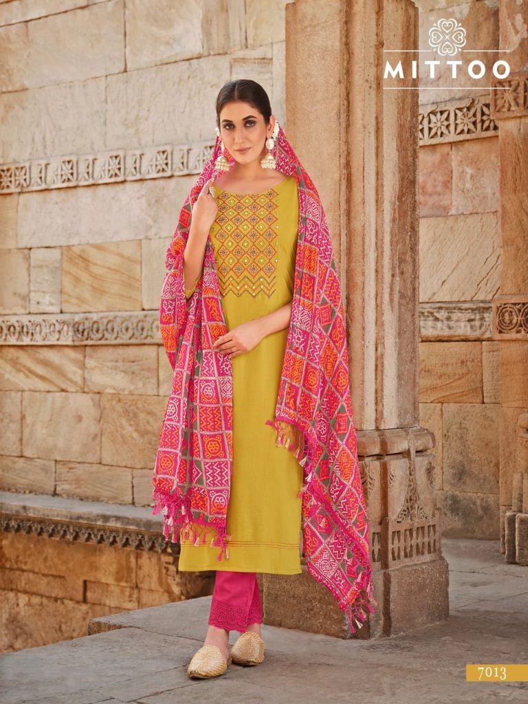 Mittoo Bansri Nylone Viscose Kurti  Pant And Bandhani Dupatta For Festival Wear 