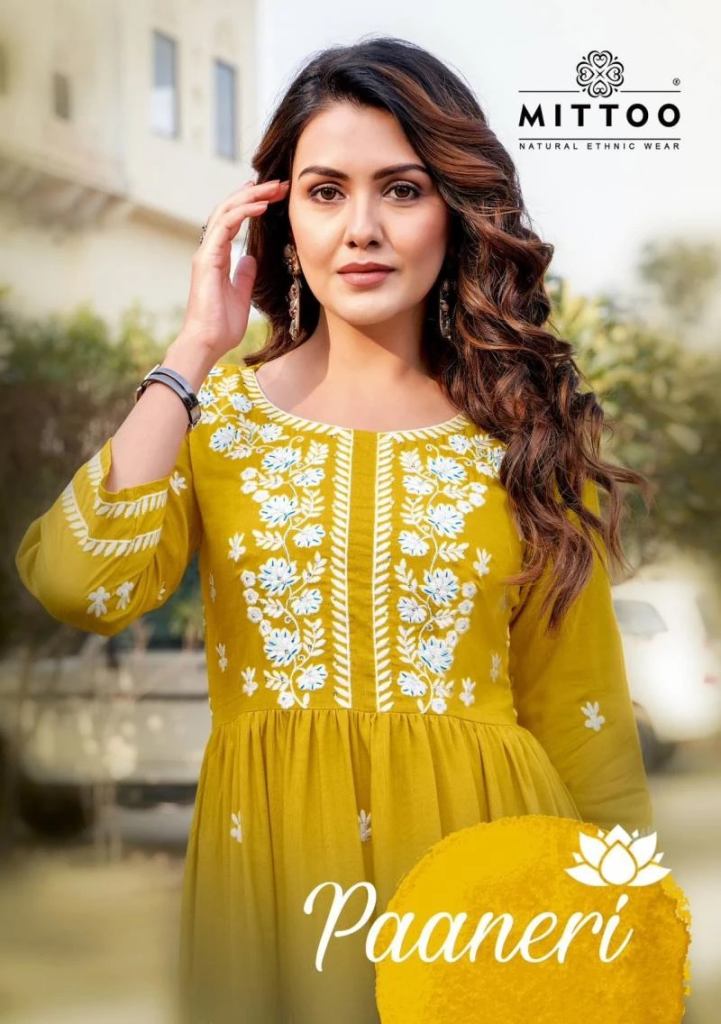 Mittoo Paaneri Rayon Slub Embroidery Kurti Collection 